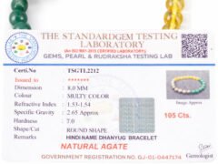 Official gem testing certificate shown alongside the physical multi-color 8mm Money Magnet bracelet.