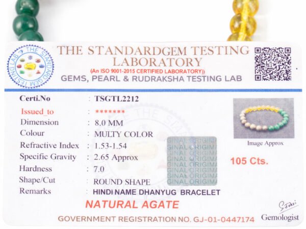 Official gem testing certificate shown alongside the physical multi-color 8mm Money Magnet bracelet.