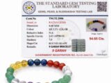 Official gem testing laboratory certificate for the Navratna 9 Garah bracelet, displaying a weight of 94.65 carats and 8mm dimension alongside the multi-color bracelet.