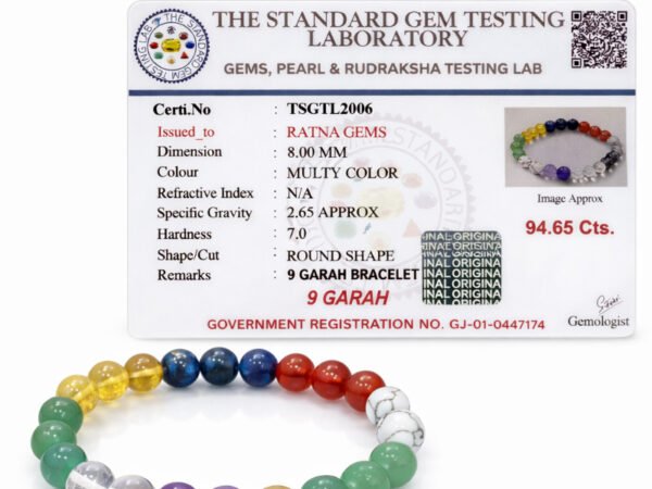 Official gem testing laboratory certificate for the Navratna 9 Garah bracelet, displaying a weight of 94.65 carats and 8mm dimension alongside the multi-color bracelet.