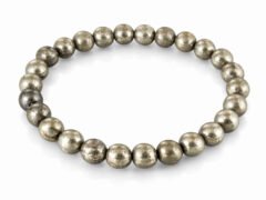 Natural golden Pyrite 8mm round bead bracelet on a plain white background.