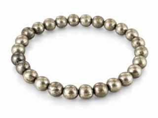 Natural golden Pyrite 8mm round bead bracelet on a plain white background.