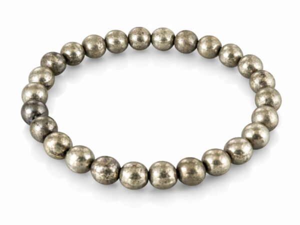 Natural golden Pyrite 8mm round bead bracelet on a plain white background.