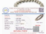 Official gem testing laboratory certificate for the natural golden Pyrite bracelet, displaying a weight of 144 carats and 8mm dimension.