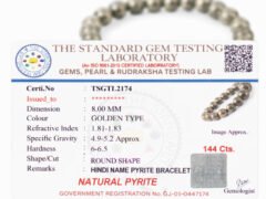 Official gem testing laboratory certificate for the natural golden Pyrite bracelet, displaying a weight of 144 carats and 8mm dimension.