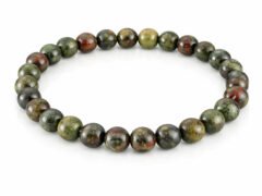 Natural Red Bloodstone 8mm round bead bracelet isolated on a plain white background.