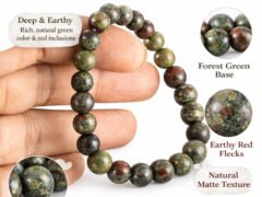 Infographic highlighting the natural Red Bloodstone 8mm bracelet features, including its deep earthy tones, forest green base, red flecks, and natural matte texture.