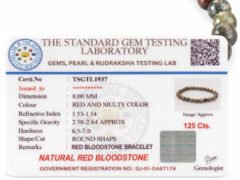 Official gem testing laboratory certificate for the natural Red Bloodstone bracelet, displaying a weight of 125 carats and 8mm dimension.