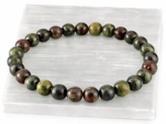 Authentic natural Red Bloodstone gemstone bracelet resting flat on a white textured display plate.