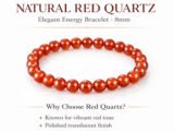 Infographic highlighting the natural Red Quartz 8mm bracelet features, including its elegant energy design, vibrant red tone, and polished translucent finish.