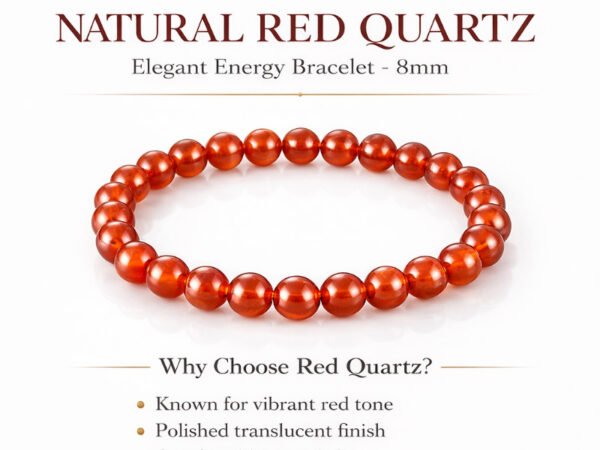 Infographic highlighting the natural Red Quartz 8mm bracelet features, including its elegant energy design, vibrant red tone, and polished translucent finish.