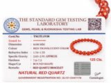 Official gem testing laboratory certificate for the natural Red Quartz bracelet, displaying a weight of 125 carats and 8mm dimension.