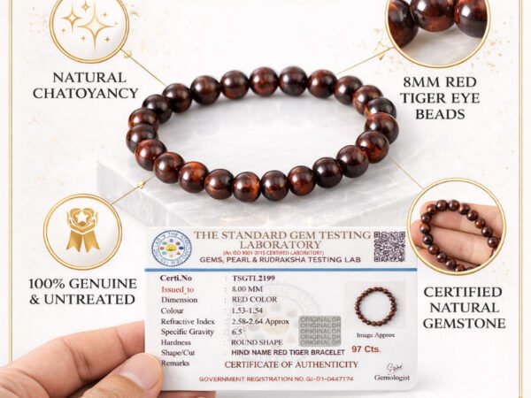 Infographic highlighting the natural Red Tiger Eye 8mm bracelet features, including natural chatoyancy, 100 percent genuine untreated stones, and gem testing certification.