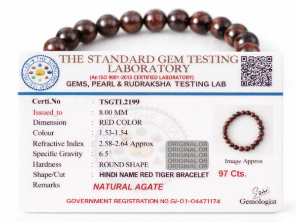 Official gem testing laboratory certificate for the natural Red Tiger Eye bracelet, displaying a weight of 97 carats and 8mm dimension.
