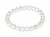Natural Rock Crystal Sphatik 8mm round bead bracelet isolated on a plain white background.