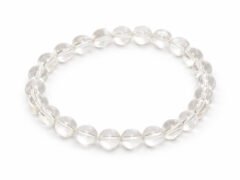 Natural Rock Crystal Sphatik 8mm round bead bracelet isolated on a plain white background.