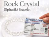 Official gem testing laboratory certificate for the natural Rock Crystal Sphatik bracelet, displaying a weight of 97.05 carats and 8mm dimension alongside the actual bracelet.