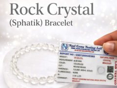 Official gem testing laboratory certificate for the natural Rock Crystal Sphatik bracelet, displaying a weight of 97.05 carats and 8mm dimension alongside the actual bracelet.