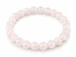 Natural Rose Quartz 8mm round bead bracelet isolated on a plain white background.