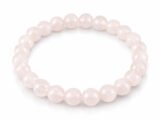 Natural Rose Quartz 8mm round bead bracelet isolated on a plain white background.