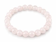 Natural Rose Quartz 8mm round bead bracelet isolated on a plain white background.