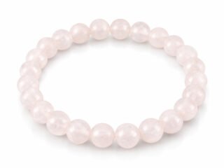 Natural Rose Quartz 8mm round bead bracelet isolated on a plain white background.