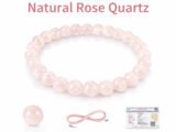 Infographic highlighting the natural Rose Quartz 8mm bracelet features, including a single round pink bead, an infinity symbol, and gem testing certification.