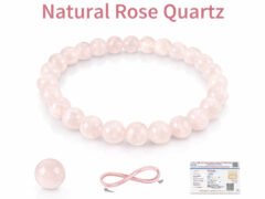 Infographic highlighting the natural Rose Quartz 8mm bracelet features, including a single round pink bead, an infinity symbol, and gem testing certification.
