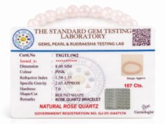 Official gem testing laboratory certificate for the natural Rose Quartz bracelet, displaying a weight of 107 carats and 8mm dimension.