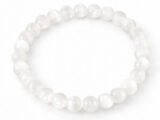 Natural Selenite 8mm round bead bracelet isolated on a plain white background.