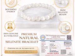 Infographic highlighting the premium natural Selenite 8mm bracelet features, including soothing energy, genuine untreated stones, and gem testing certification.