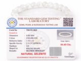 Close-up view of the official gem testing laboratory certificate for the natural Selenite bracelet, confirming its genuine status.
