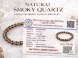 Promotional graphic for the natural Smoky Quartz 8mm bracelet featuring its official gem testing certification.