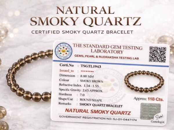 Promotional graphic for the natural Smoky Quartz 8mm bracelet featuring its official gem testing certification.