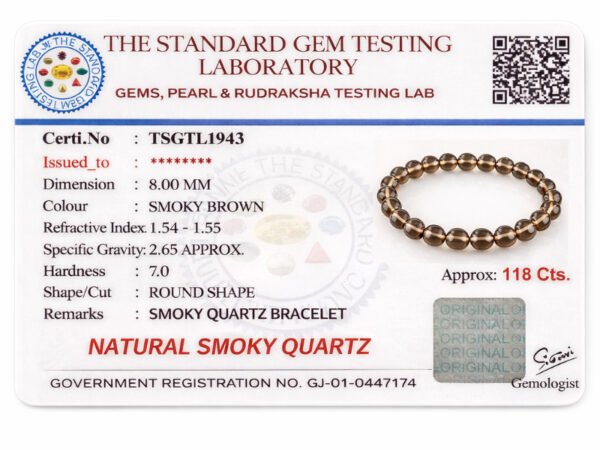 Official gem testing laboratory certificate for the natural Smoky Quartz bracelet, displaying an approximate weight of 118 carats and 8mm dimension.