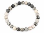 Beautiful natural Smoky Quartz round bead bracelet elegantly displayed on a matching white textured stand. A certified authentic gemstone accessory weighing approximately 118 carats.