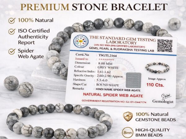 Promotional infographic for the premium Spider Web Agate 8mm bracelet featuring its official gem testing certification and bead details.