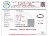 Official gem testing laboratory certificate for the natural Spider Web Agate bracelet, displaying a weight of 110 carats and 8mm dimension.