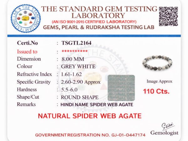 Official gem testing laboratory certificate for the natural Spider Web Agate bracelet, displaying a weight of 110 carats and 8mm dimension.