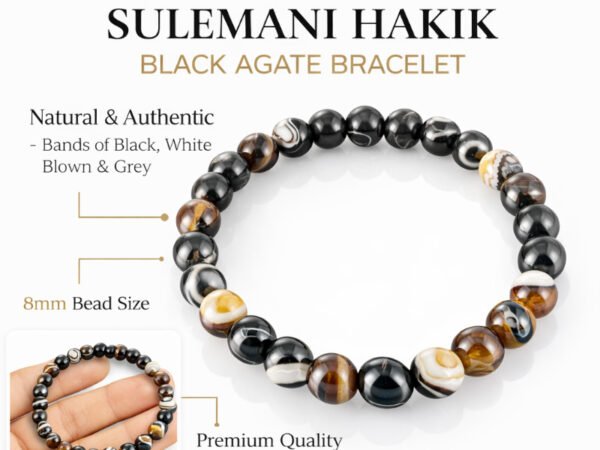 Infographic highlighting the natural Sulemani Hakik Black Agate 8mm bracelet features, including natural authentic bands of black, white, brown, and grey, and premium quality.
