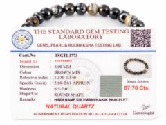 Official gem testing laboratory certificate for the natural Sulemani Hakik bracelet, displaying a weight of 87.70 carats and 8mm dimension.