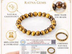 Ratna Gems infographic highlighting the natural Tiger Eye 8mm bracelet features, including 100 percent genuine untreated stones, natural chatoyancy, and official gem testing certification.