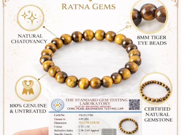 Ratna Gems infographic highlighting the natural Tiger Eye 8mm bracelet features, including 100 percent genuine untreated stones, natural chatoyancy, and official gem testing certification.