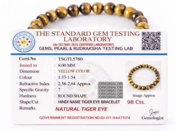Official gem testing laboratory certificate for the natural Tiger Eye bracelet, displaying a weight of 98 carats and 8mm dimension.