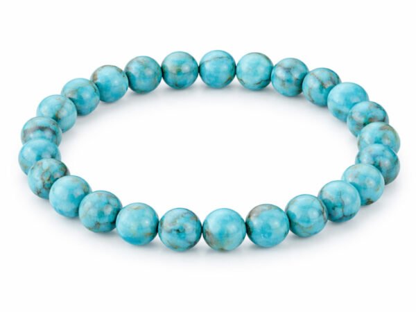 Turquoise Firoza 8mm round bead bracelet isolated on a plain white background.