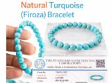 Infographic highlighting the Turquoise Firoza 8mm bracelet features, including its sky blue color, 8mm bead size, and official gem testing certification.