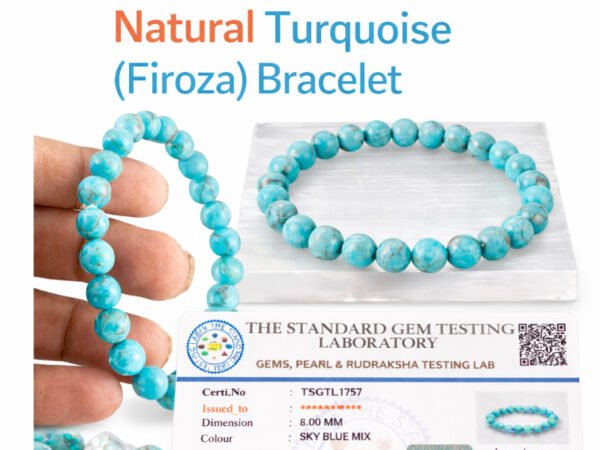 Infographic highlighting the Turquoise Firoza 8mm bracelet features, including its sky blue color, 8mm bead size, and official gem testing certification.