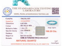 Official gem testing laboratory certificate for the Turquoise Firoza bracelet, displaying a weight of 108.20 carats and 8mm dimension.