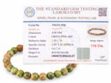 Official gem testing laboratory certificate for the natural Unakite bracelet displayed alongside the actual green and pink beaded jewelry.