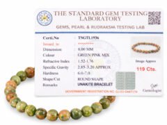 Official gem testing laboratory certificate for the natural Unakite bracelet displayed alongside the actual green and pink beaded jewelry.